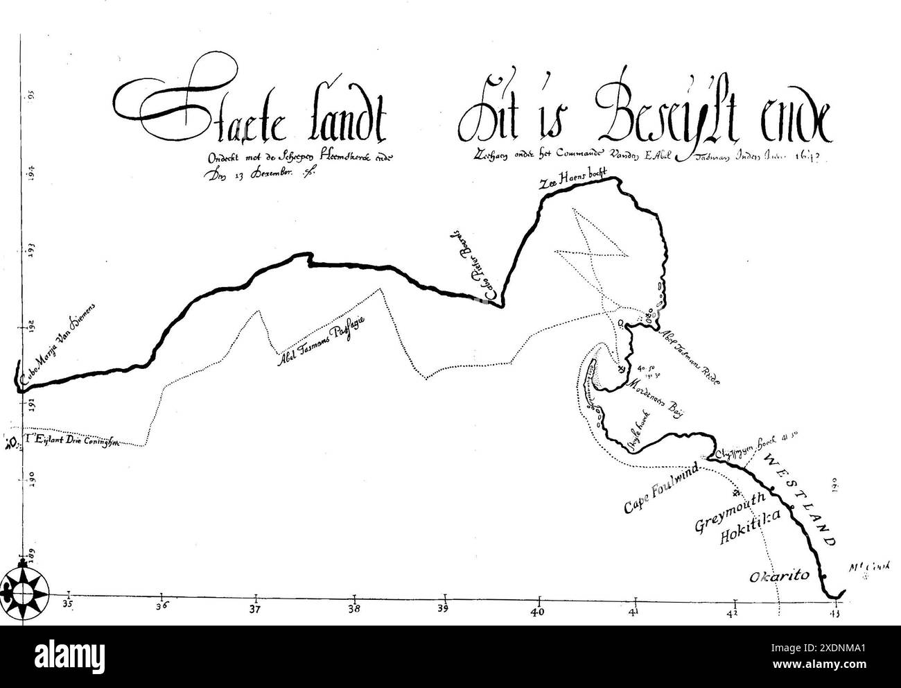 Karte mit der Reise von Abel Tasman, 1642, entlang der Küste Neuseelands, mit modernen Orten nach Greymouth, Hokitika und Okarito Stockfoto