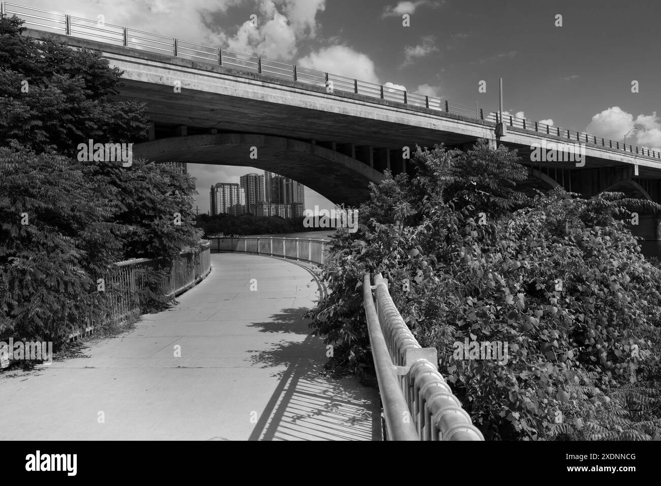 Atemberaubendes Schwarzweiß-Foto der South Congress Bridge in Austin, Texas, die sich über einen anmutig geschwungenen Weg erstreckt. Stockfoto