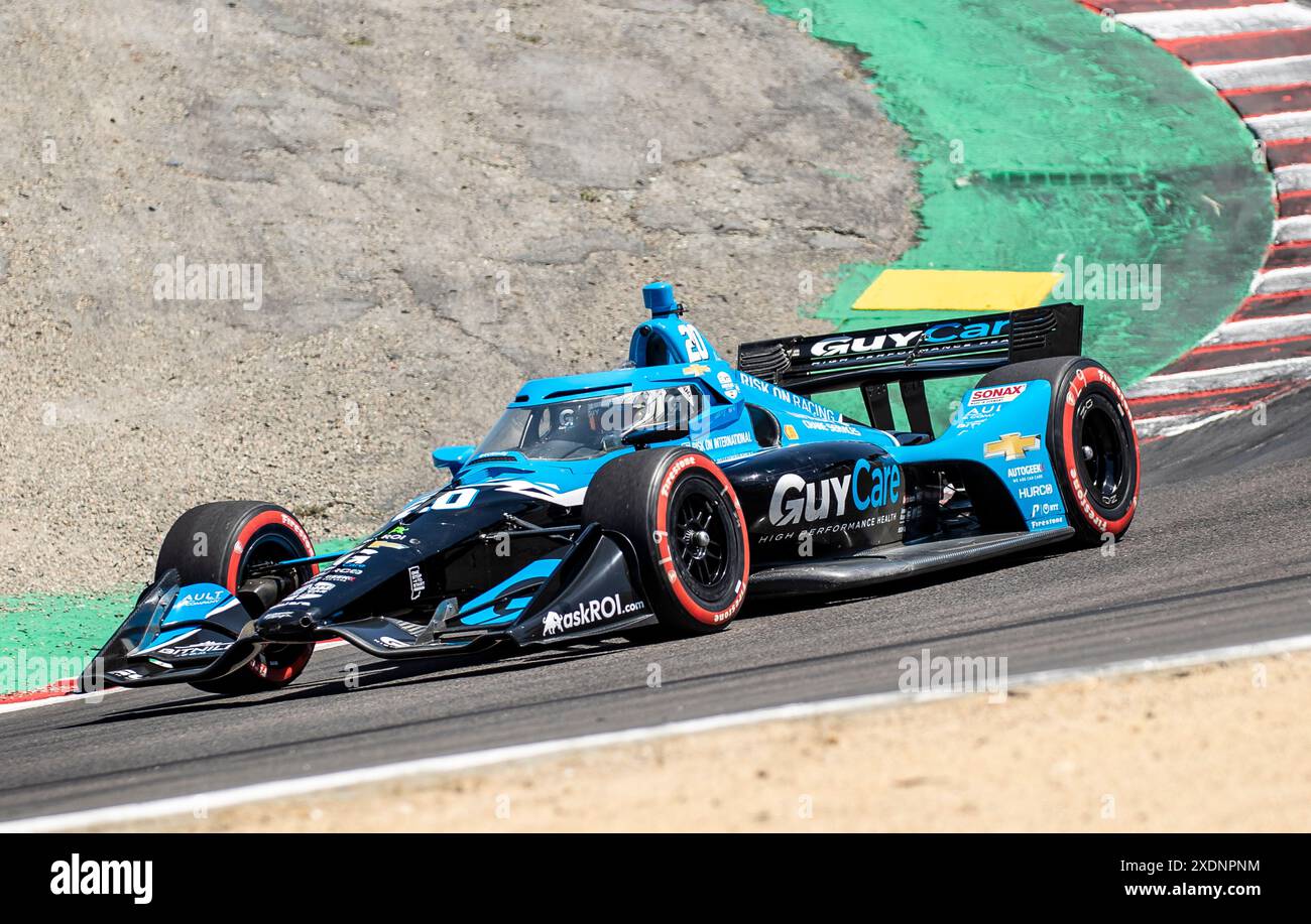 22. Juni 2024 Monterey, CA, USA Ed Carpenter Racing-Fahrer Ed Carpenter aus den Vereinigten Staaten (20) ging während des Firestone Grand Prix von Monterey IndyCar Practice 2 auf dem WeatherTech Raceway Laguna Seca Monterey, CA Thurman James/CSM den Korkenzieher hinunter Stockfoto