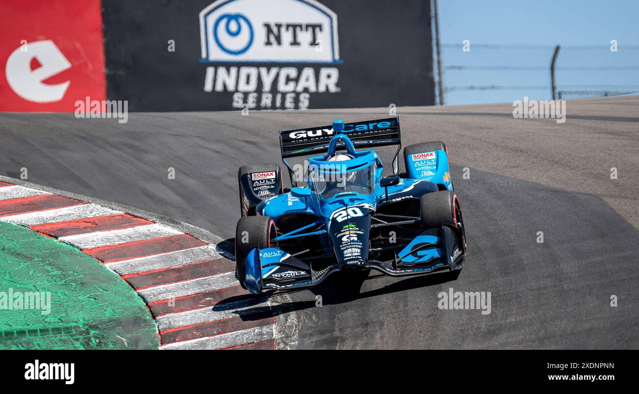 22. Juni 2024 Monterey, CA, USA Ed Carpenter Racing-Fahrer Ed Carpenter aus den Vereinigten Staaten (20) ging während des Firestone Grand Prix von Monterey IndyCar Practice 2 auf dem WeatherTech Raceway Laguna Seca Monterey, CA Thurman James/CSM den Korkenzieher hinunter Stockfoto