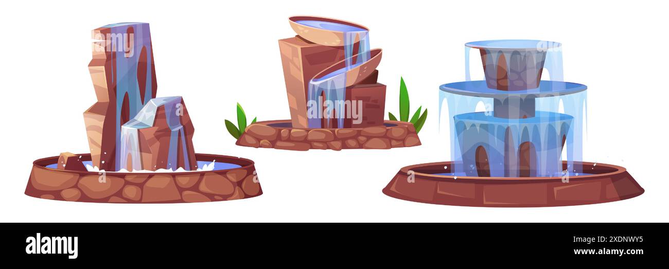 Dekorativer Stadtpark oder Gartenbrunnen mit fallendem Wasser. Architektonische Skulptur Wasserfall mit Bach und Spritzern. Zeichentrickvektor-Illustration Set der Sommerstadt Außenaqua Dekor. Stock Vektor