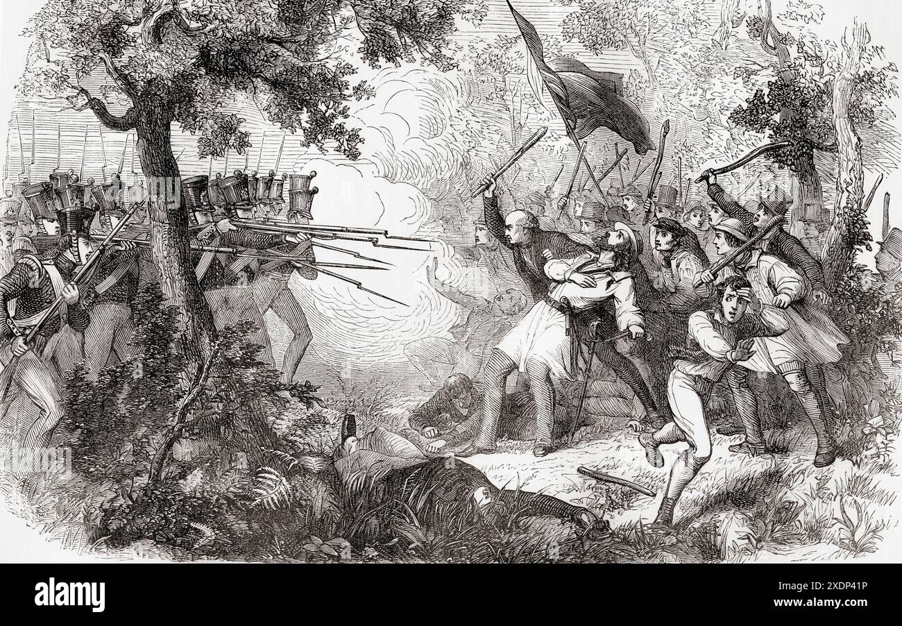 John Nichols Tom oder Thom, 1799–1838. Ein kornischer Kaufmann und Mälzer, der sich als Sir William Courtenay neu erfand. Er kandidierte für das parlament in Canterbury, wurde wegen Meineids in einem Schmuggelfall verurteilt, verbrachte vier Jahre im Kent County Lunatic Asylum, später mit einer kleinen Gruppe von Anhängern, die er in der Kent Country parierte. Zusammen mit mehreren seiner Anhänger wurde er bei einer Konfrontation mit Regierungssoldaten in Bossenden Wood getötet, was manchmal als letzte Schlacht auf englischem Boden bezeichnet wurde. Aus Cassells illustrierter Geschichte Englands. Stockfoto