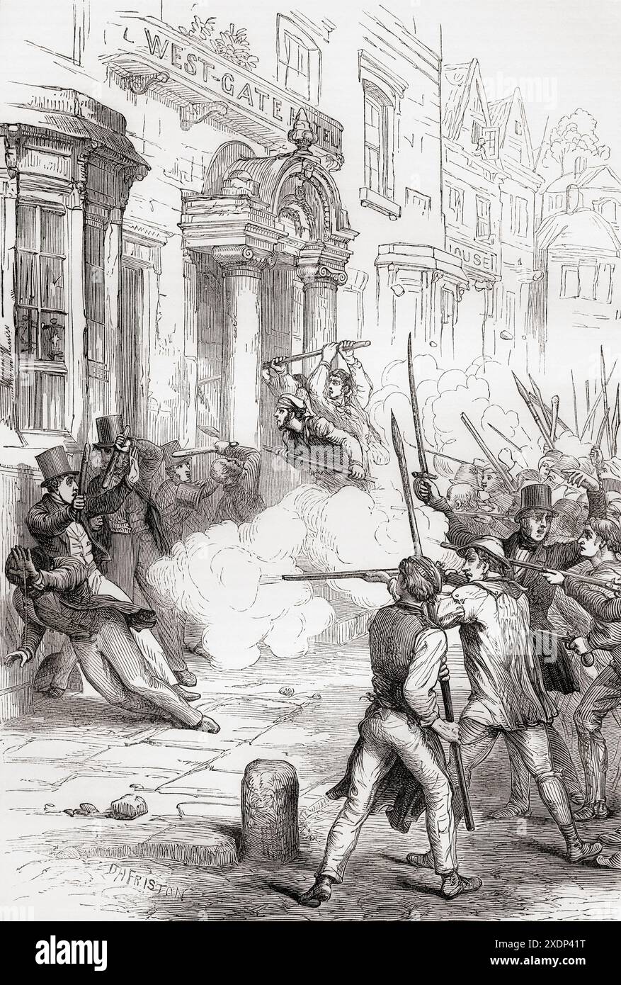 Chartisten-Unruhen in Newport, Wales, 1839. Der Newport Rising war der letzte groß angelegte bewaffnete Aufstand in Wales, der von Chartisten gefordert wurde, die Demokratie und das Wahlrecht mit geheimen Wahlen forderten. Chartism war eine Arbeiterbewegung für politische Reformen im Vereinigten Königreich. Aus Cassells illustrierter Geschichte Englands. Stockfoto