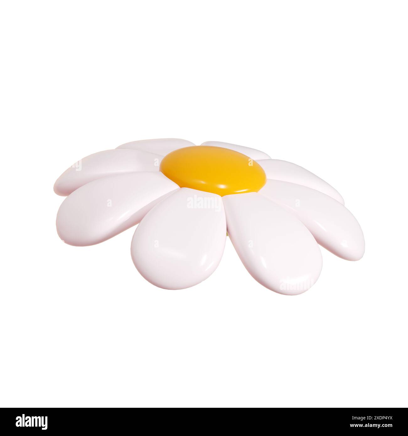 Daisy Plastikblume Zeichentricksymbol 3D-Rendering-Illustration. Niedliche Kamillenblüte mit weißen Blüten für Frühling und Sommer. Abstrakter Hochglanz Stockfoto