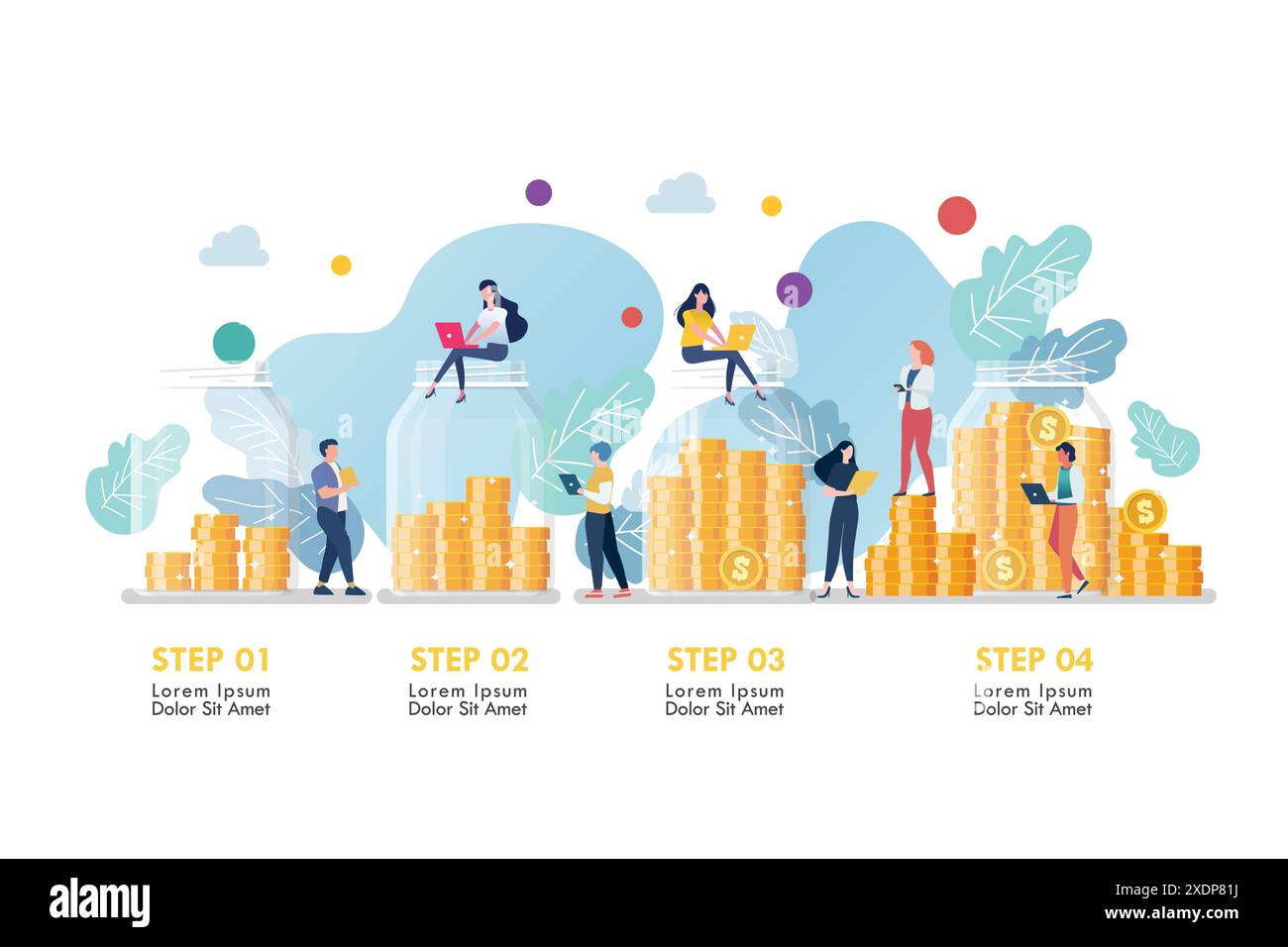 Infografik von Geschäftsleuten mit Geld in Glasgläsern. Geschäftskonzept. Vektorabbildung Stock Vektor