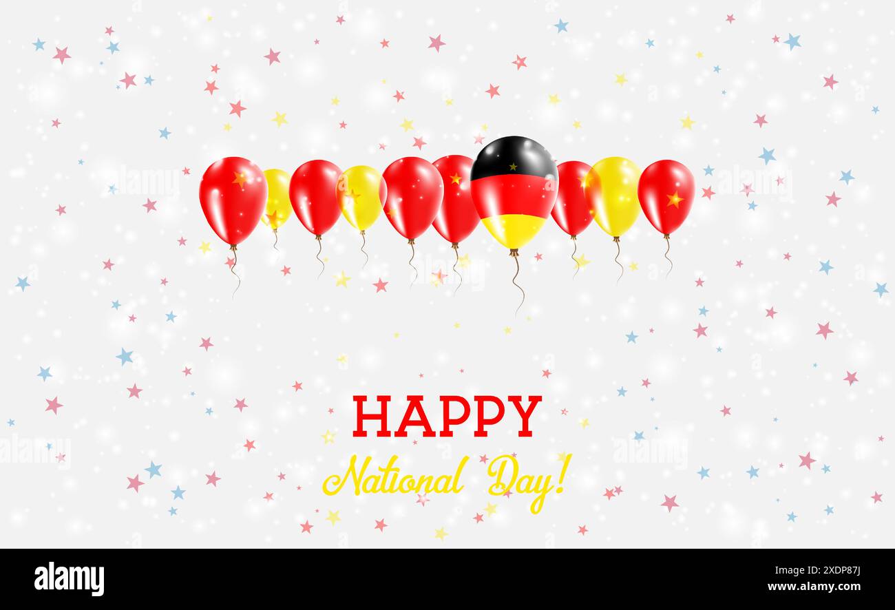 Deutschland Unabhängigkeitstag Funkelndes Patriotisches Poster. Reihe von Ballons in Farben der deutschen Flagge. Grußkarte mit Nationalflaggen, Konfetti und Sta Stock Vektor