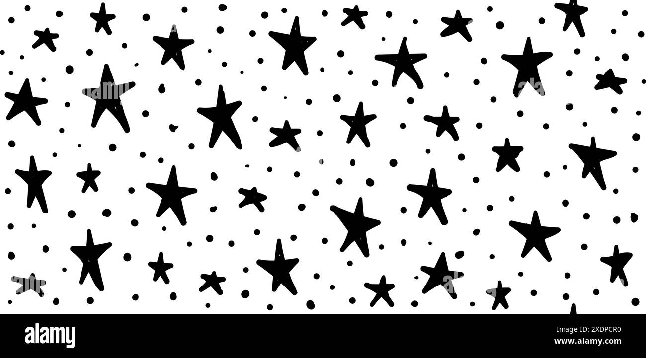 Sterne handgezeichnetes nahtloses Y2K-Muster. Vektor-monochrome Kritzelkonfetti-Hintergrund im groovigen Stil der 70er Jahre Stock Vektor