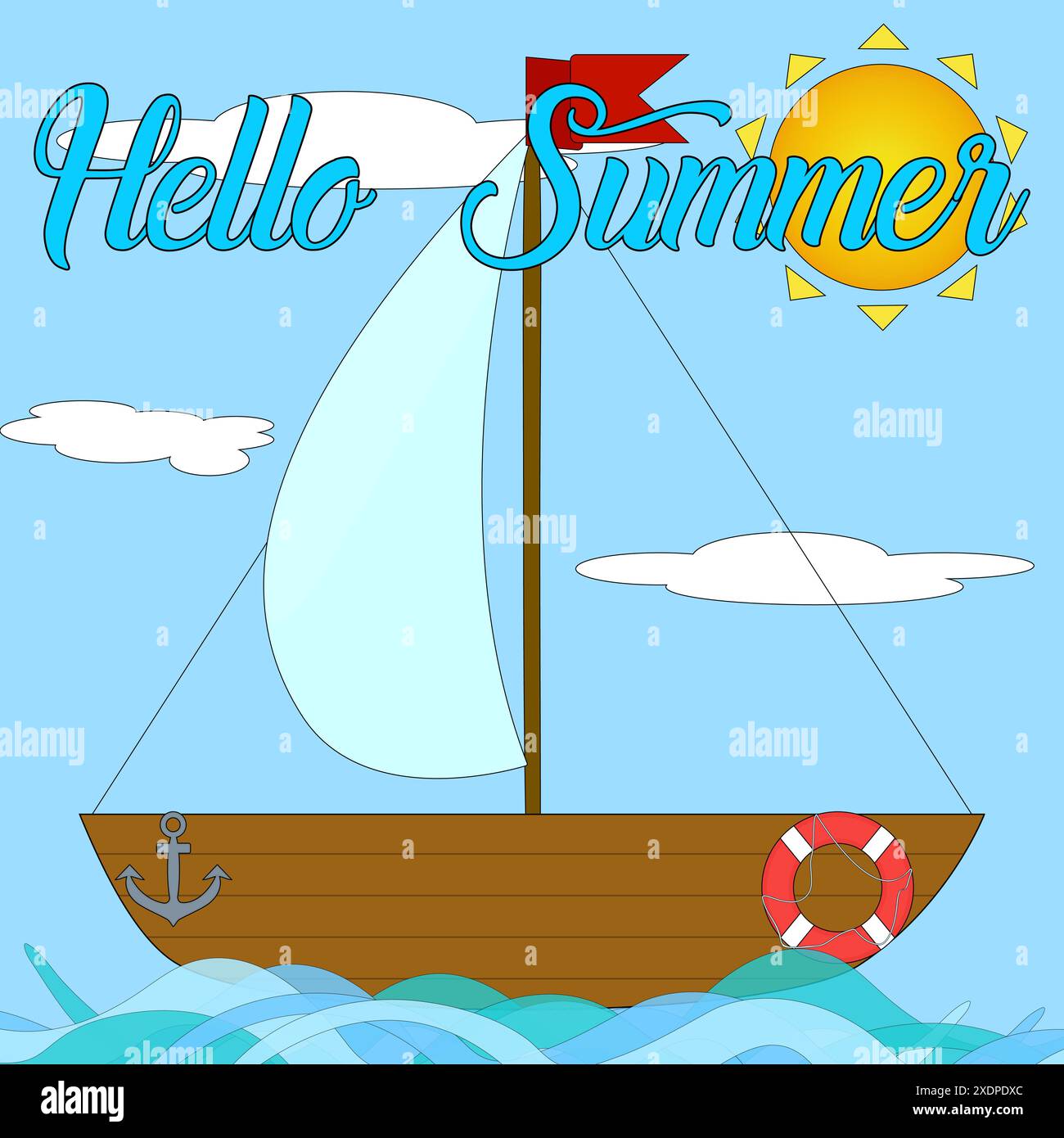 Bunte Vektor-Illustration mit einem Segelboot mit einer roten Flagge, helle Sonne und Hallo Sommer Text. Perfekt für sommerliche Designs und Grüße. Stock Vektor