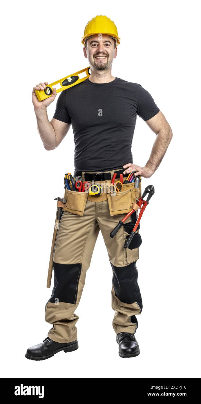 Fröhlicher kaukasischer Arbeiter-Schutzhelm, isolierter transparenter Hintergrund Stockfoto