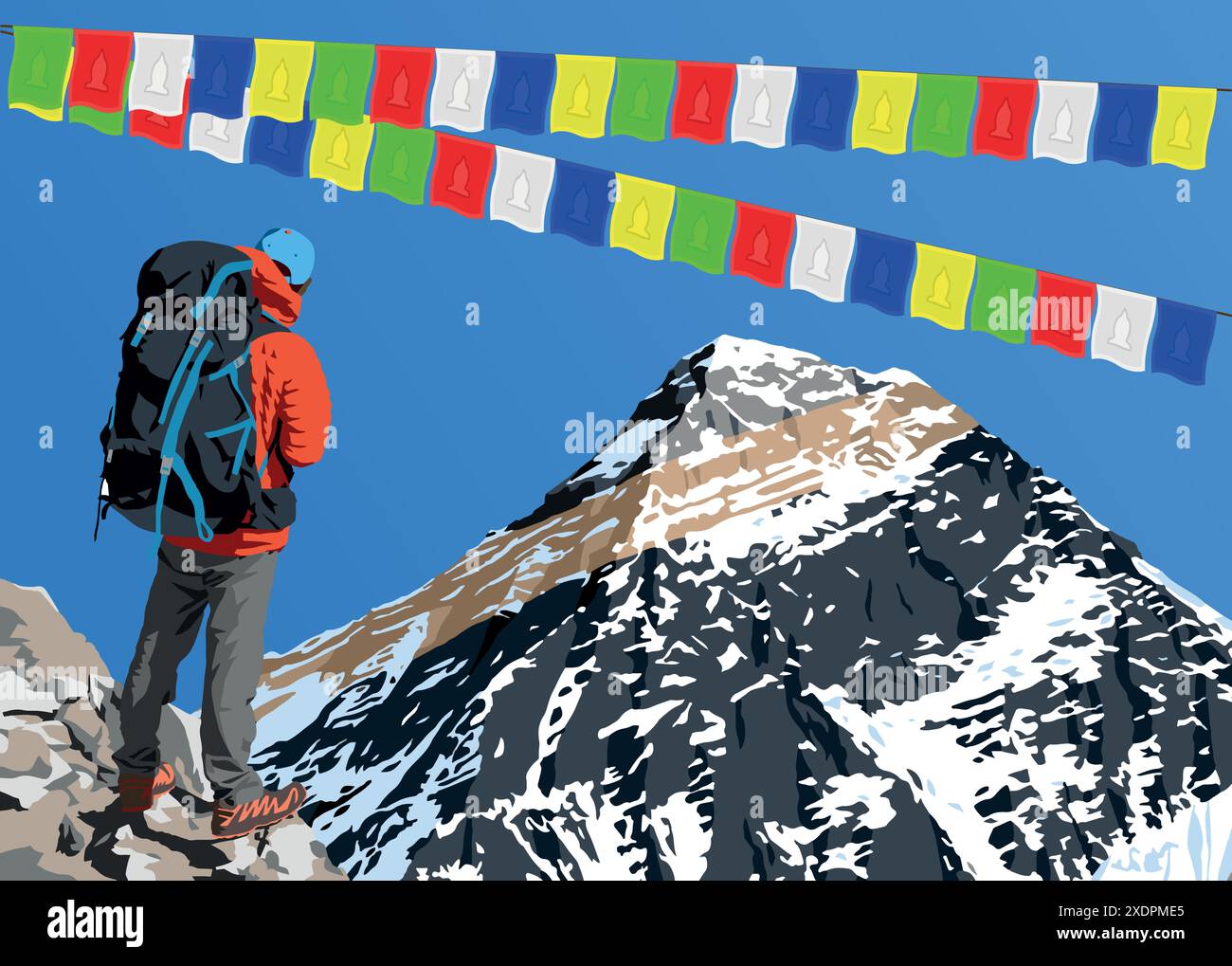 Mount Everest aus dem gokyo-Tal mit Wanderer- und buddhistischen Gebetsfahnen, Vektorgrafik, Mount Everest 8.848 m, Khumbu-Tal, Nepal Himalaya Stock Vektor