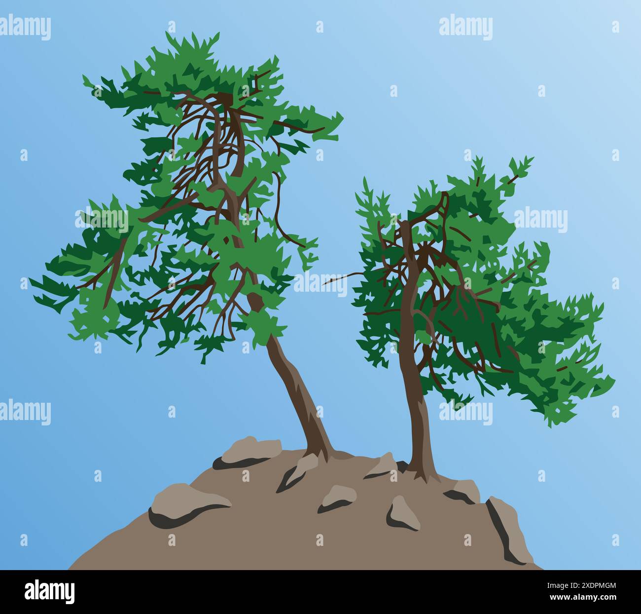 Bäume, zwei Kiefern auf einem Hügel, isoliert auf blauem Himmel Hintergrund Stock Vektor