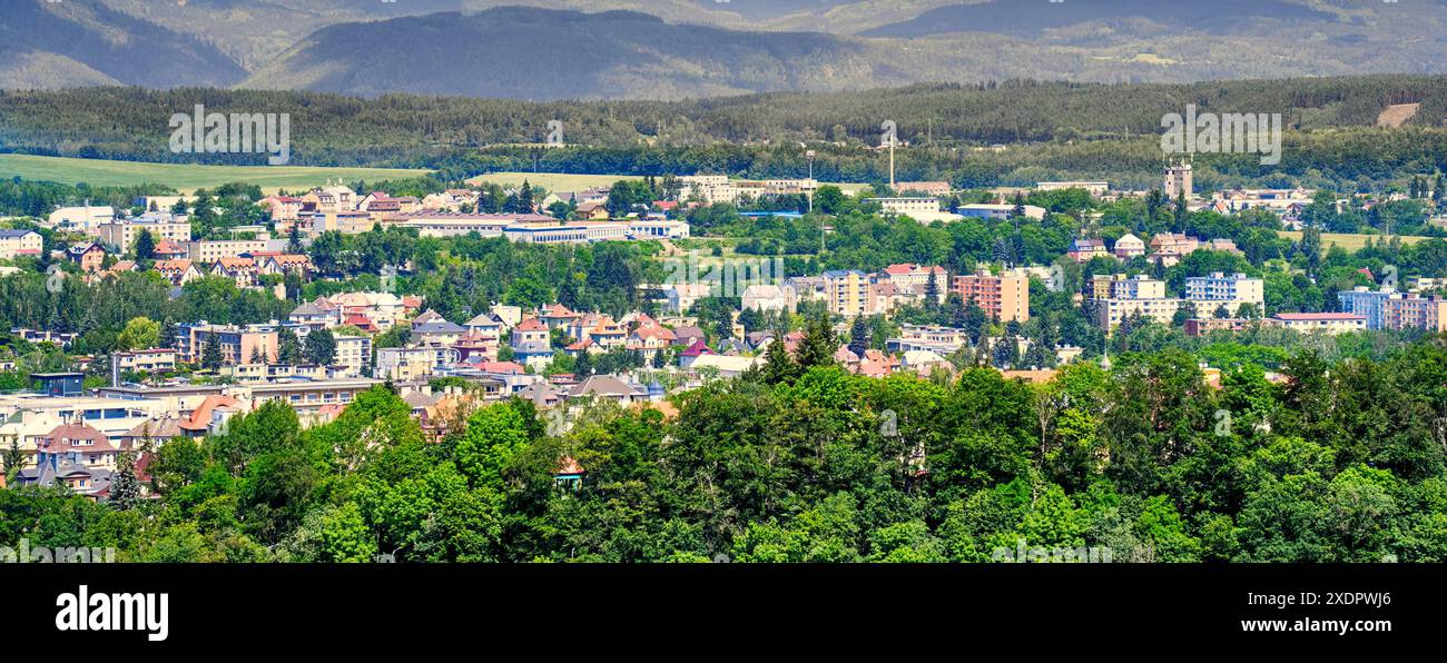 Panoramablick auf die Stadt karlsbad, tschechische republik, umgeben von üppig grünen Wäldern und Bergen im Hintergrund Stockfoto