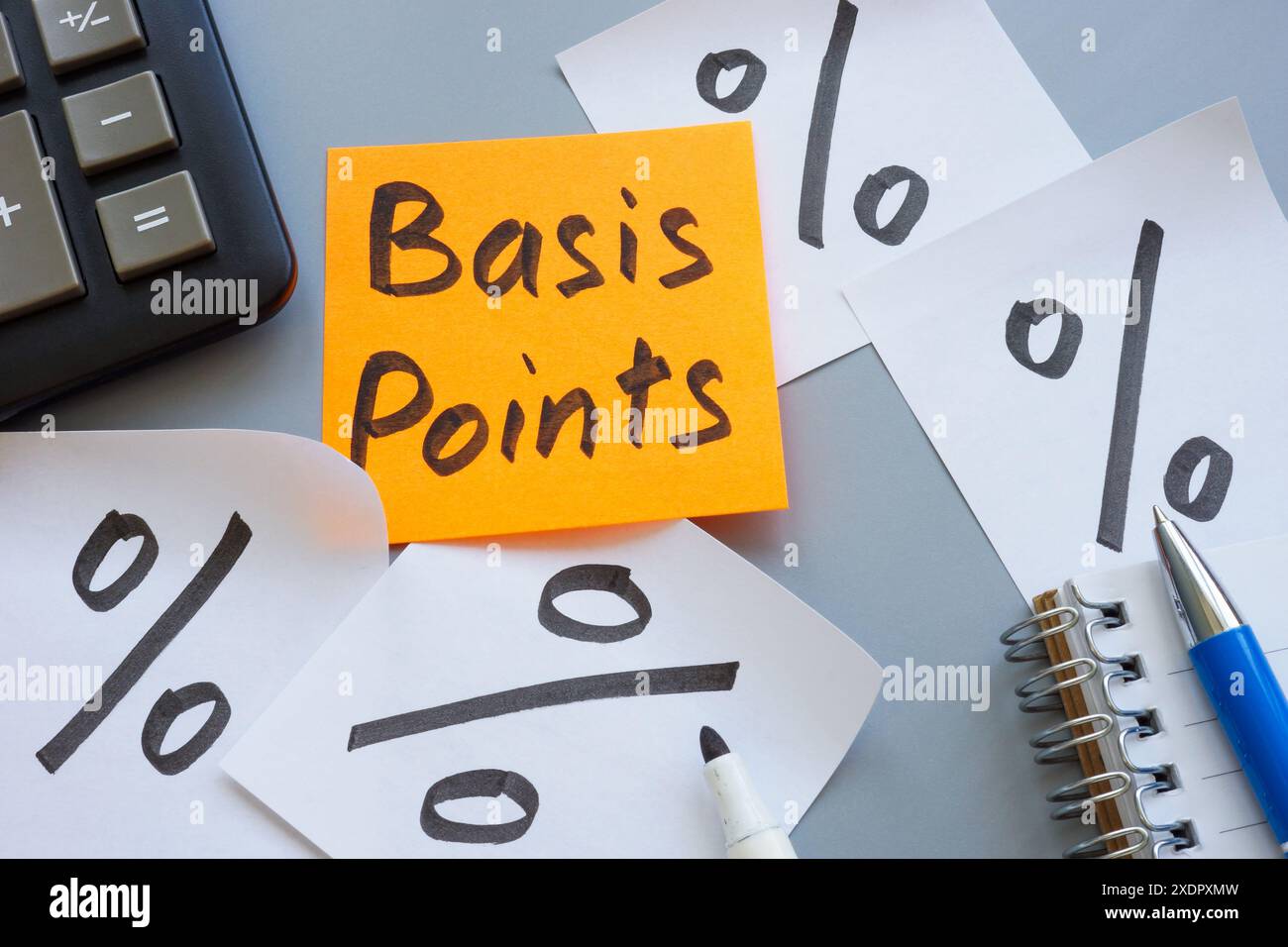 Aufkleber mit Prozentzeichen und Basispunkten. Stockfoto