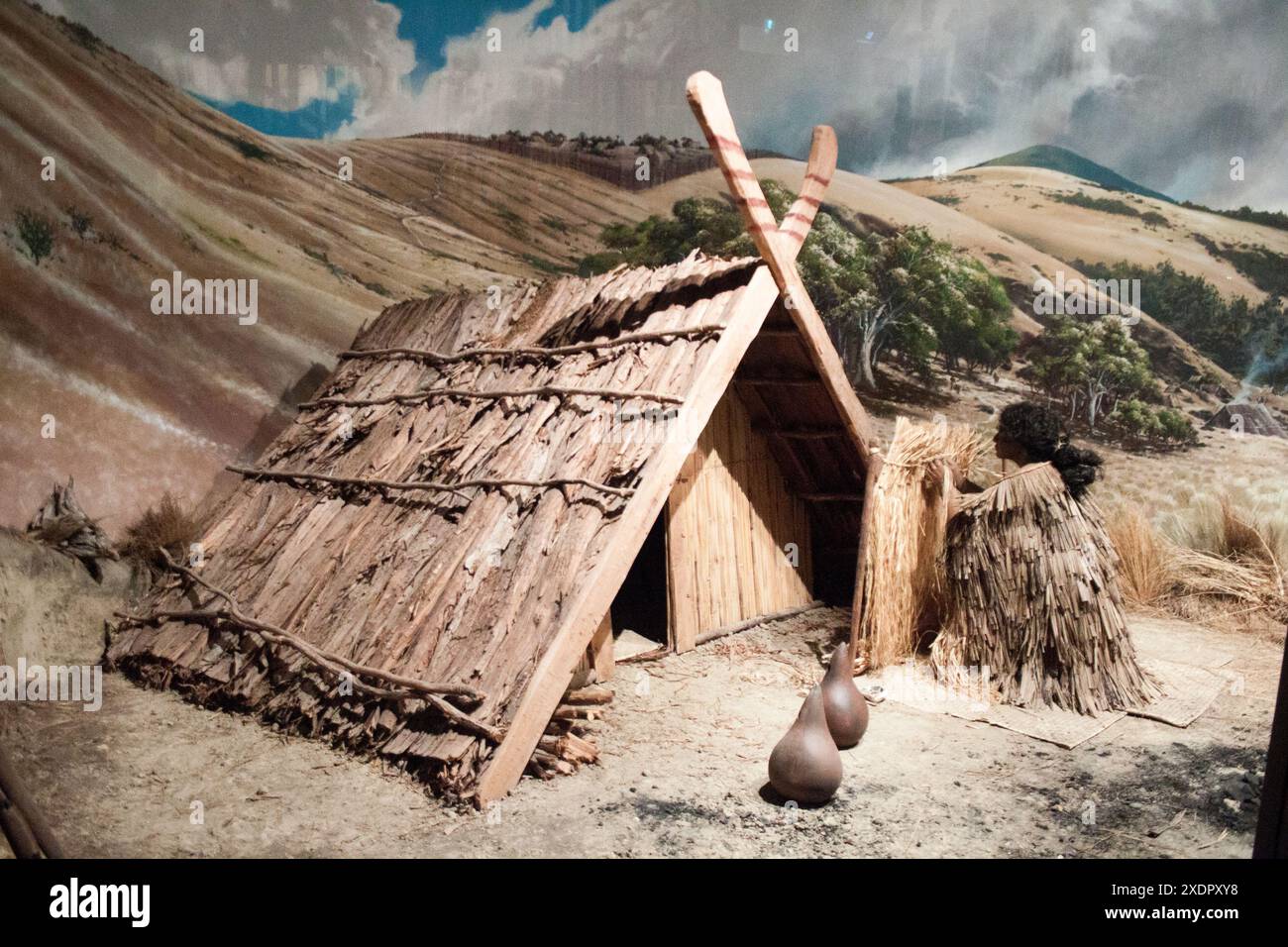 Ein Diorama des Maori-Lebens im Canterbury Museum, das einen traditionellen Whale zeigt. Körniges Bild, das bei verfügbarem Licht aufgenommen wird. Stockfoto