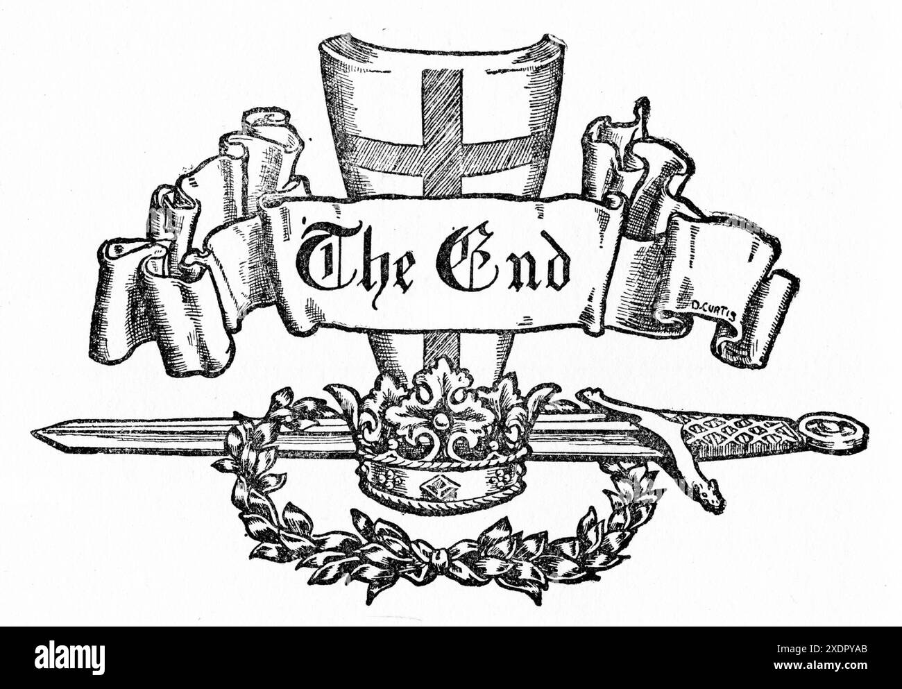 Eine generische Gravur der Symbole der mittelalterlichen Königschaft mit einer Schriftrolle, die das Ende sagt Stockfoto