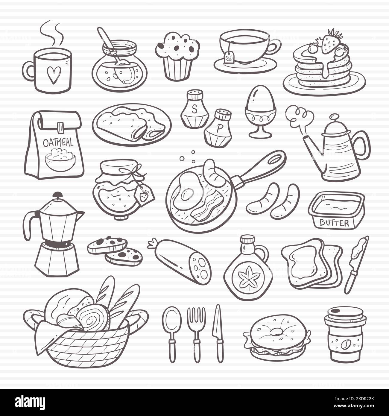 Das Frühstück war unentbehrlich. Handgezeichnete, isolierte Ikonen mit Kritzeleien, perfekt für die Gestaltung von Restaurantmenüs. Kochen von Speck und Eiern, Kaffee, Brot, Tee, Butter, c Stock Vektor