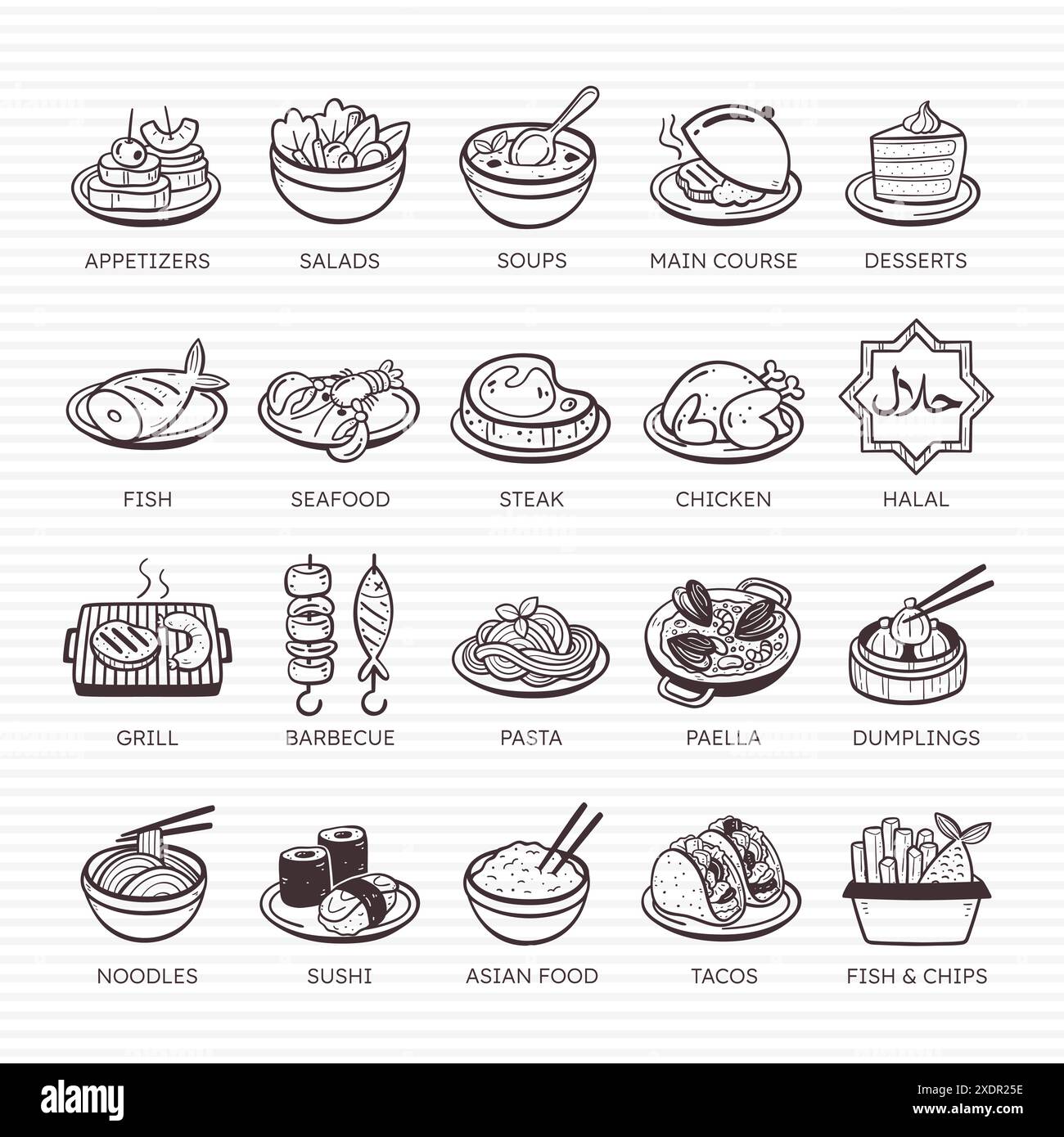 Symbol für Restaurant. Handgezeichnete Kritzelsymbole für Restaurants: Salate, Suppen, internationale Speisen und vieles mehr. Satz 4 von 4. 20 Vektor-Symbolsatz. Stock Vektor