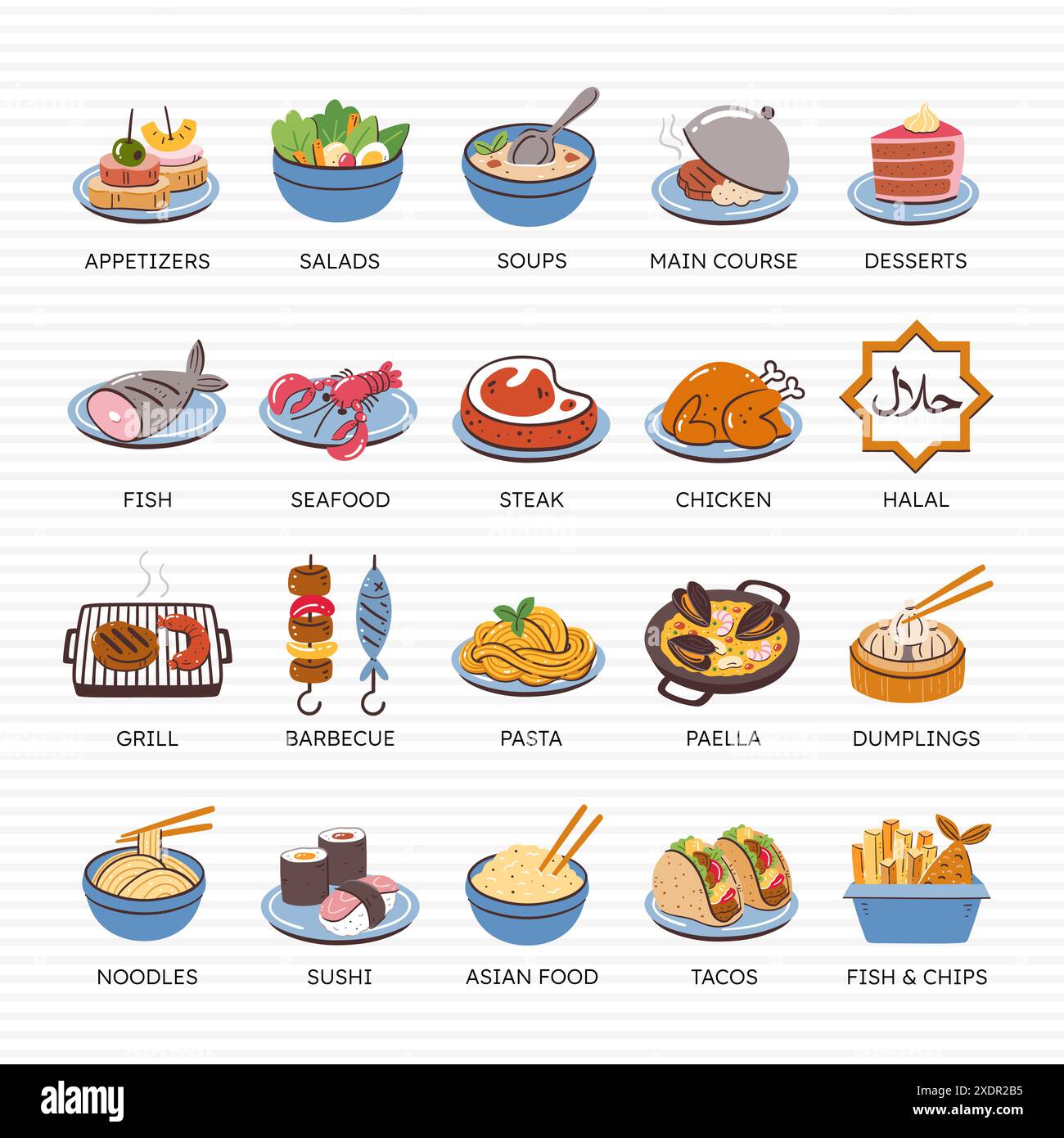 Symbol für Restaurant. Handgezeichnete bunte Ikonen für Restaurants: Salate, Suppen, internationale Speisen und vieles mehr. Satz 4 von 4. 20 Vektor-Symbolsatz. Stock Vektor