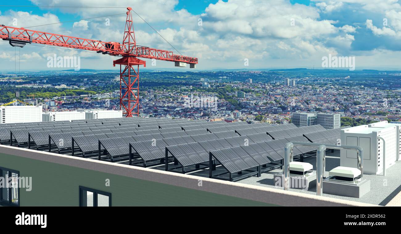 Installation von Solarpaneelen mit Batteriespeicher auf dem Dach eines Hochhauses, Abbildung 3D Stockfoto