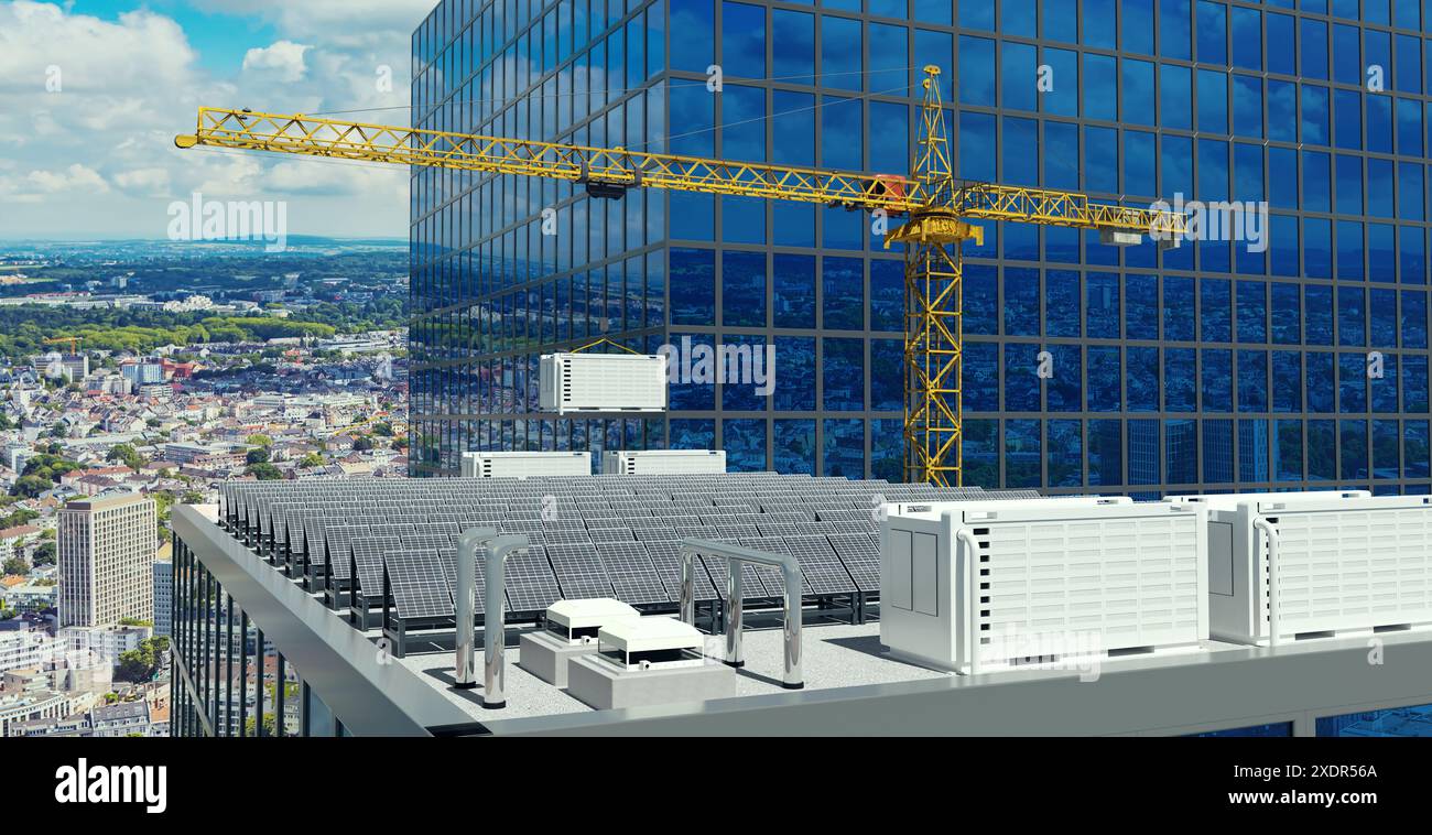 Installation von Solarpaneelen mit Batteriespeicher auf dem Dach eines Hochhauses, Abbildung 3D Stockfoto