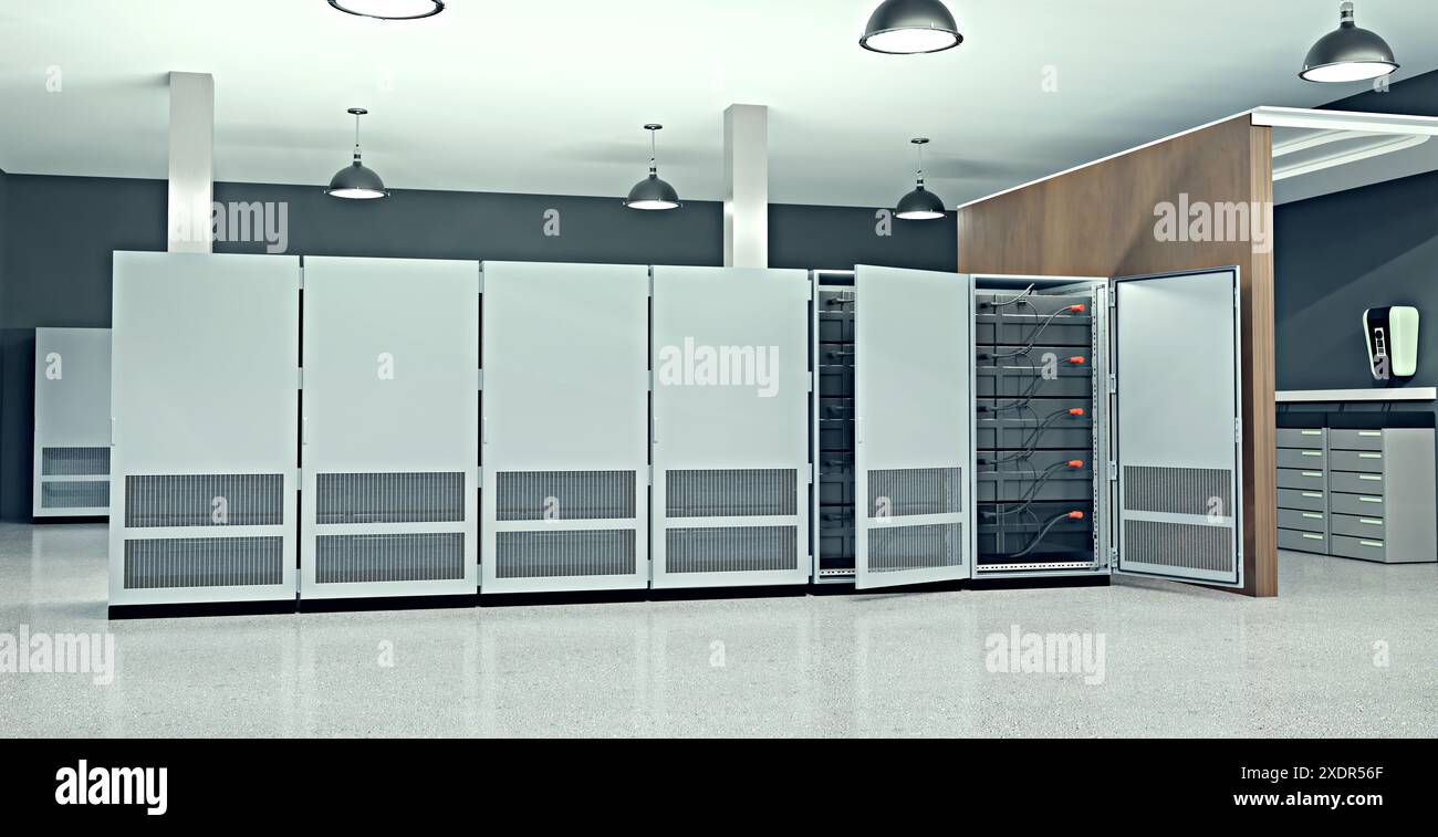Ein moderner Batteriespeicher für kleine Unternehmen, Abbildung 3D Stockfoto