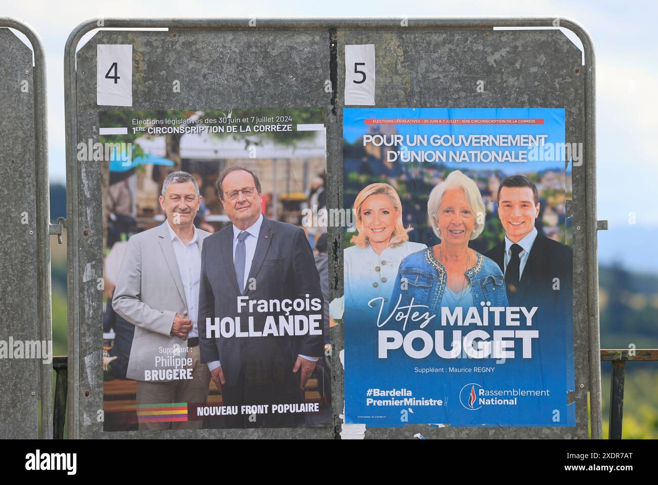 Corrèze, Frankreich. 23. Und 24. Juni 2024. Francois Hollande kandidierte für die Parlamentswahlen vom 30. Juni und 7. Juli 2024 in Corrèze. Wahlplakat des ehemaligen Präsidenten der Französischen Republik, Francois Hollande, Kandidat für den 1. Wahlkreis des Departements Corrèze. Er ist Mitglied der Wahlkoalition New Popular Front. Frühe Parlamentswahlen nach der Auflösung der Nationalversammlung am 9. Juni 2024 durch Emmanuel Macron. Corrèze, Limousin, Frankreich, Europa. Foto: HM Images/Alamy Live News. Stockfoto