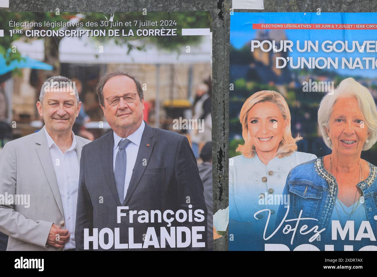 Corrèze, Frankreich. 23. Und 24. Juni 2024. Francois Hollande kandidierte für die Parlamentswahlen vom 30. Juni und 7. Juli 2024 in Corrèze. Wahlplakat des ehemaligen Präsidenten der Französischen Republik, Francois Hollande, Kandidat für den 1. Wahlkreis des Departements Corrèze. Er ist Mitglied der Wahlkoalition New Popular Front. Frühe Parlamentswahlen nach der Auflösung der Nationalversammlung am 9. Juni 2024 durch Emmanuel Macron. Corrèze, Limousin, Frankreich, Europa. Foto: HM Images/Alamy Live News. Stockfoto