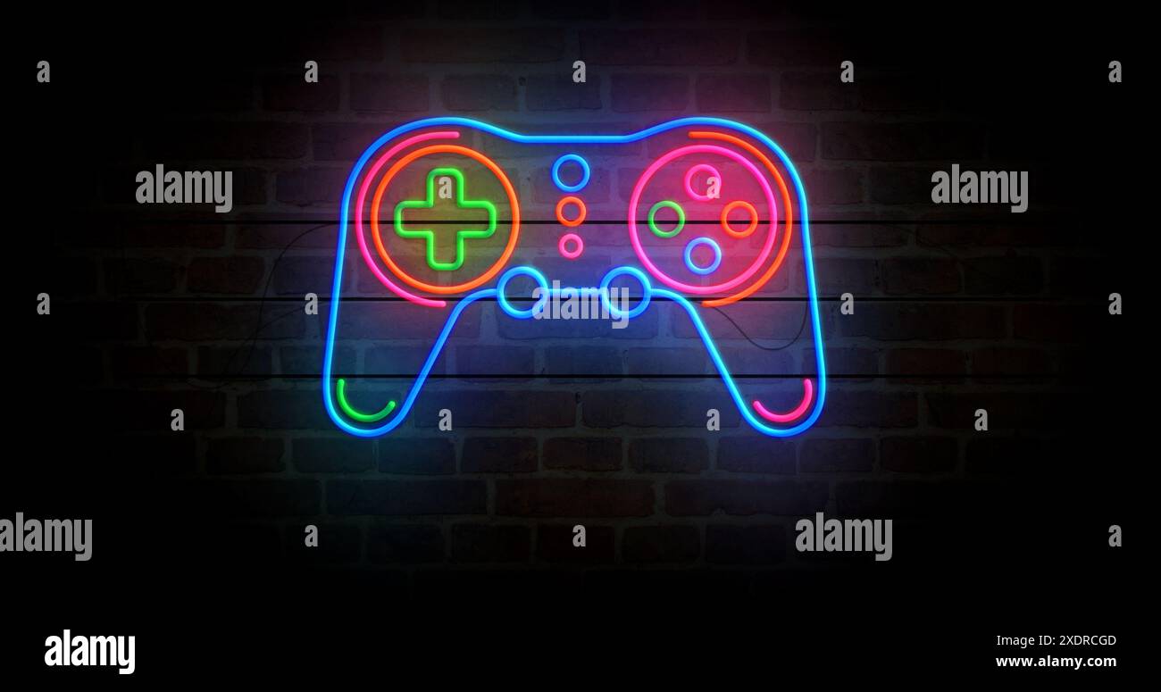 Gaming-Neonsymbol. Gamepad Video Retro-Konsolenbeleuchtung mit Farblampen. Abstraktes Konzept 3D-Illustration. Stockfoto