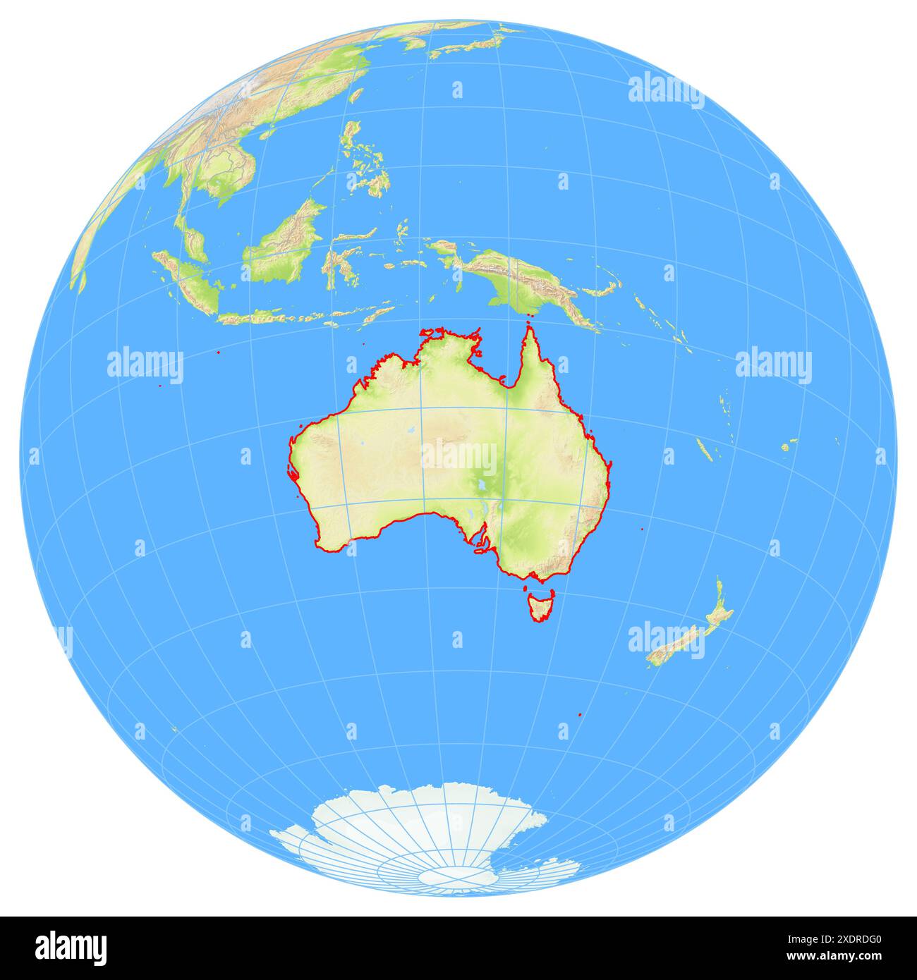 Ansicht der Erde aus dem Weltraum, die den Standort des Landes Australien in Australien zeigt. Das Land wird durch ein rotes Polygon hervorgehoben. Kleines Land Stockfoto