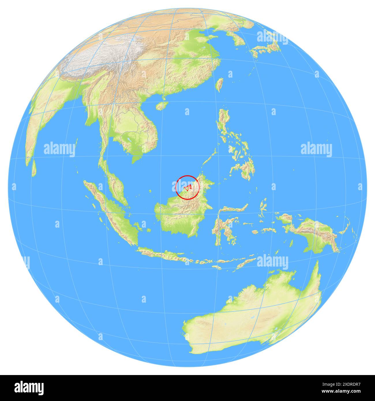 Ansicht der Erde aus dem All, die den Standort des Landes Brunei in Asien zeigt. Das Land wird durch ein rotes Polygon hervorgehoben. Kleine Länder sind al Stockfoto