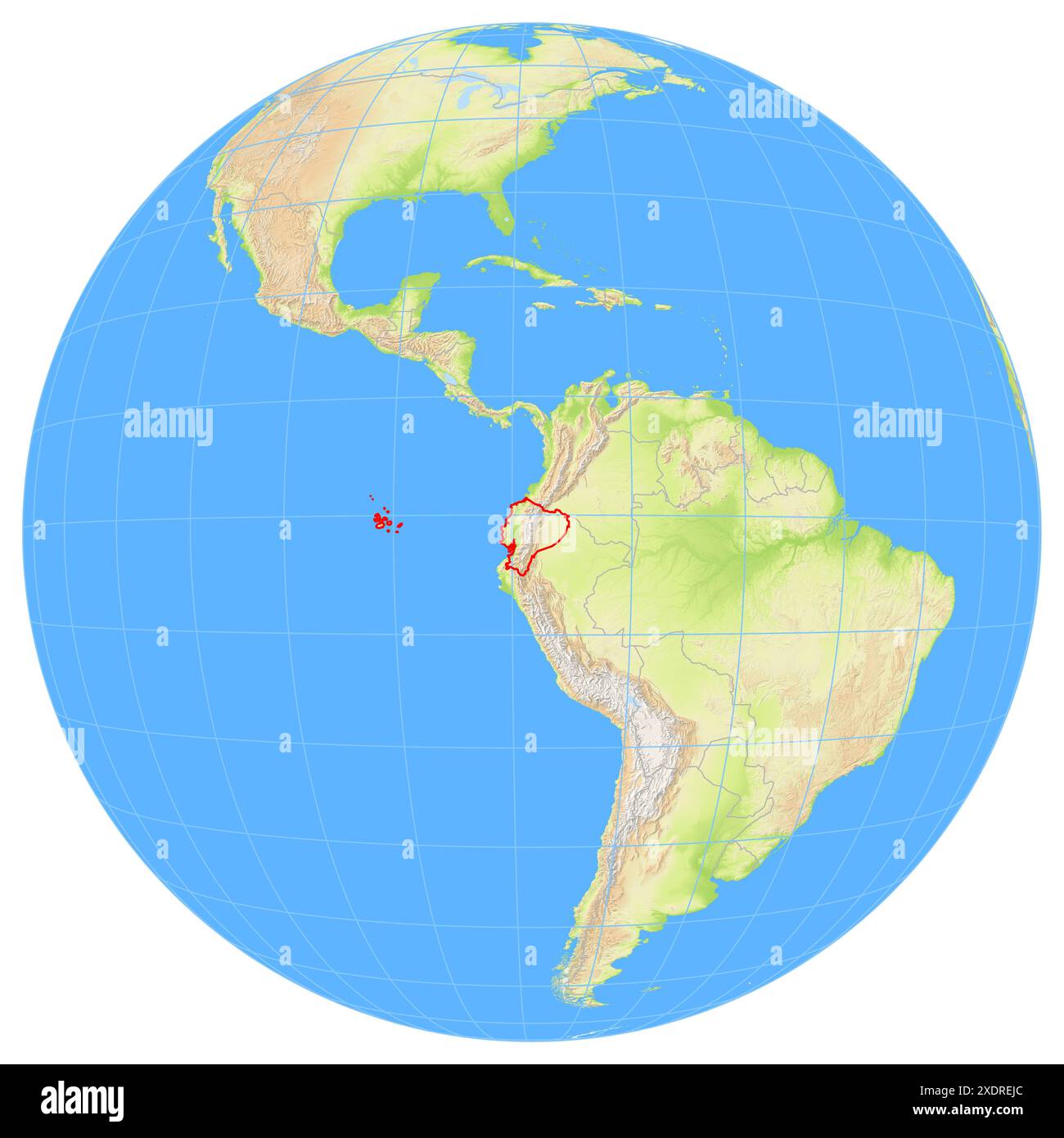 Ansicht der Erde aus dem Weltraum, die den Standort des Landes Ecuador in Südamerika zeigt. Das Land wird durch ein rotes Polygon hervorgehoben. Kleine Anzahl Stockfoto