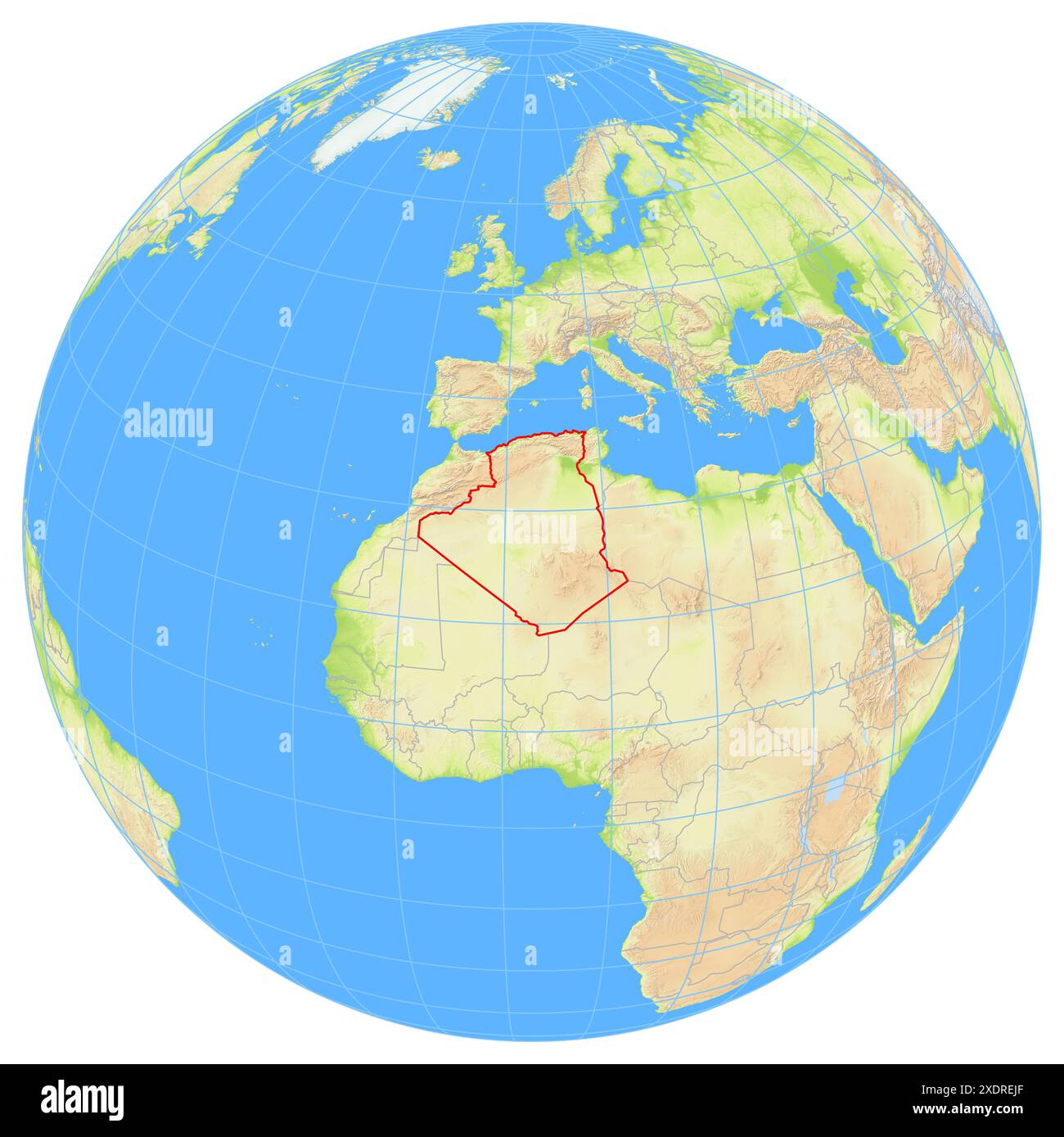 Ansicht der Erde aus dem Weltraum, die den Standort des Landes Algerien in Afrika zeigt. Das Land wird durch ein rotes Polygon hervorgehoben. Kleine Länder sind das Stockfoto