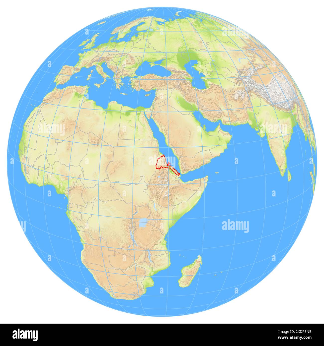 Ansicht der Erde aus dem Weltraum, die den Standort des Landes Eritrea in Afrika zeigt. Das Land wird durch ein rotes Polygon hervorgehoben. Kleine Länder sind das Stockfoto