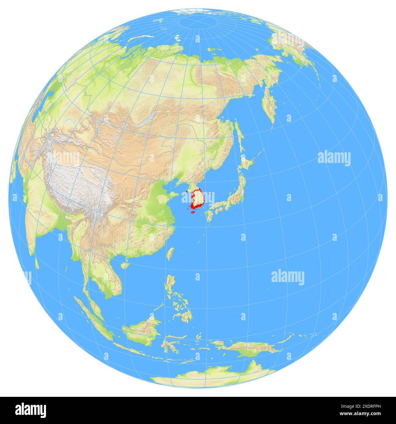 Ansicht der Erde aus dem Weltraum, die den Standort des Landes Südkorea in Asien zeigt. Das Land wird durch ein rotes Polygon hervorgehoben. Kleine Länder A Stockfoto