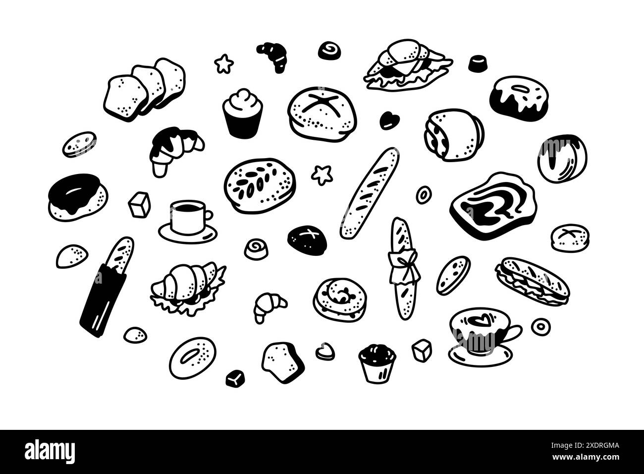Niedliche Linie Doodle Bäckerei Elemente. Handgezeichnetes Gebäck, Brot, Croissants, Sandwiches, Baguette, Toast, Donuts. Minimalistische Skizzenvektorsymbole. Frühstück Stock Vektor