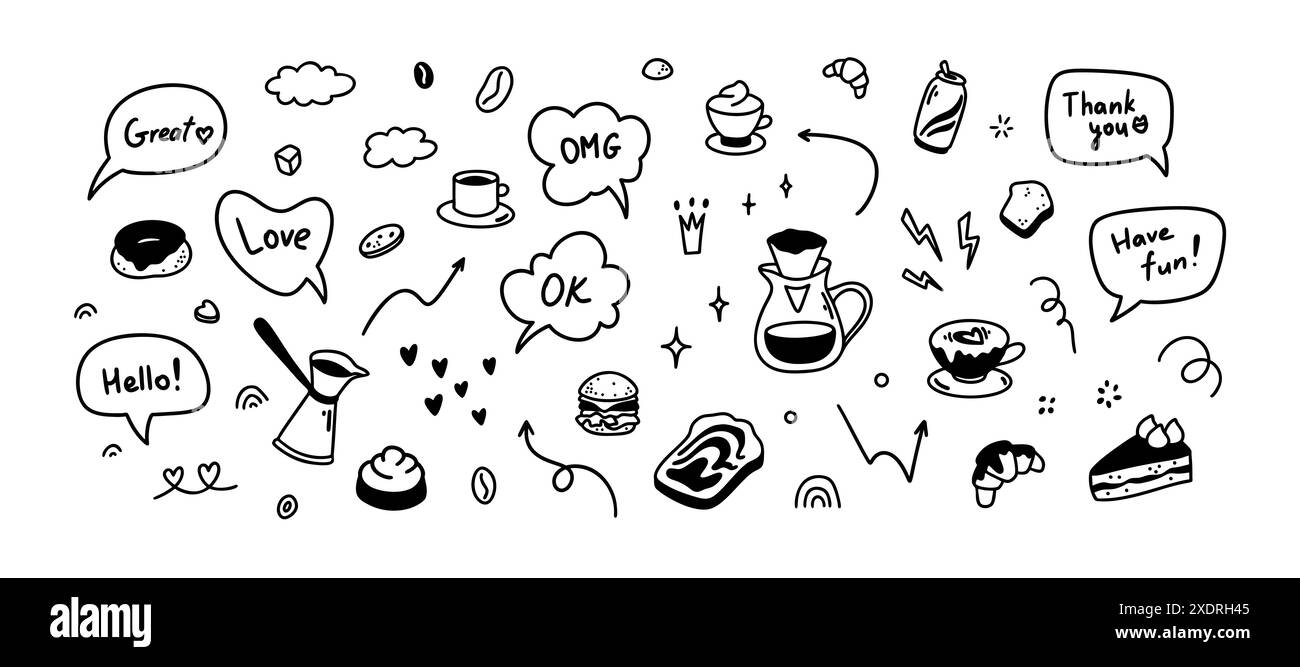 Niedliche Linien-Kritzelkaffee-Symbole. Café, Patisserie, Konditorenkonzept. Hab einen schönen Tag, Hallo, danke, OMG-Sprechblasen. Essen und Trinken Minimali Stock Vektor