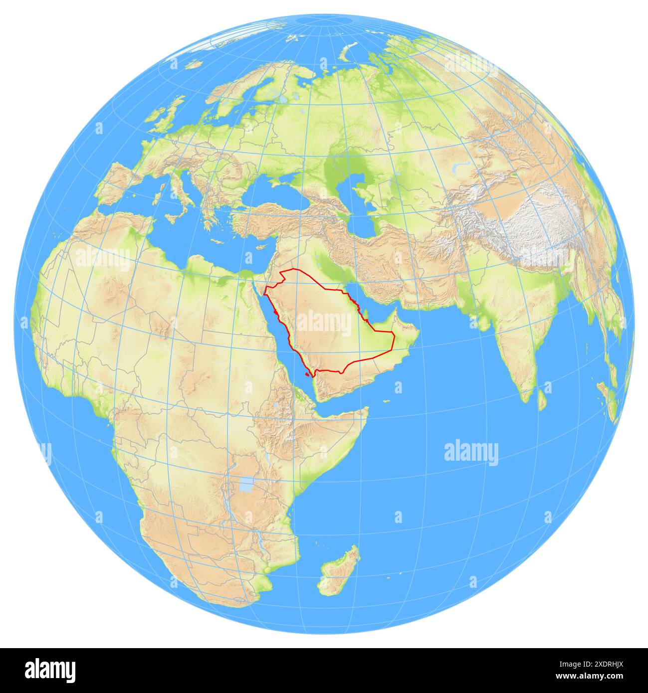 Ansicht der Erde aus dem Weltraum, die den Standort des Landes Saudi-Arabien in Afrika zeigt. Das Land wird durch ein rotes Polygon hervorgehoben. Kleines Land Stockfoto