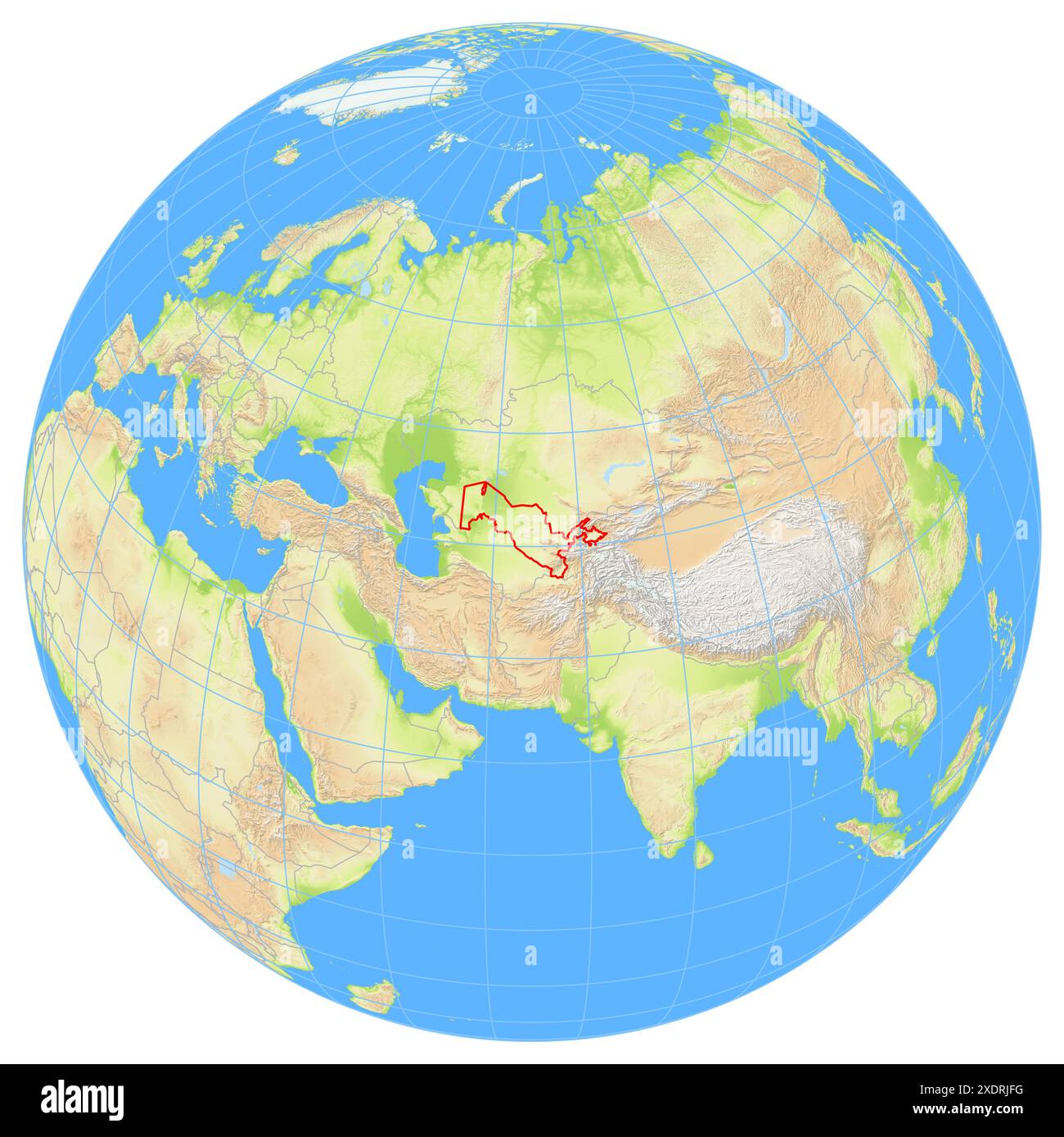 Ansicht der Erde aus dem Weltraum, die den Standort des Landes Usbekistan in Asien zeigt. Das Land wird durch ein rotes Polygon hervorgehoben. Kleine Länder sind Stockfoto