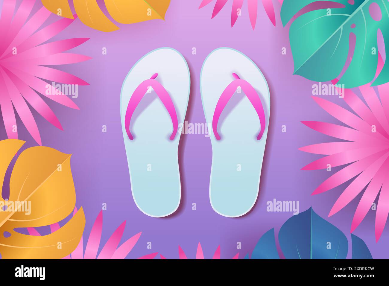 Flipflops mit pinkfarbenen Trägern auf lila Hintergrund, umgeben von bunten tropischen Blättern und Blumen Stock Vektor