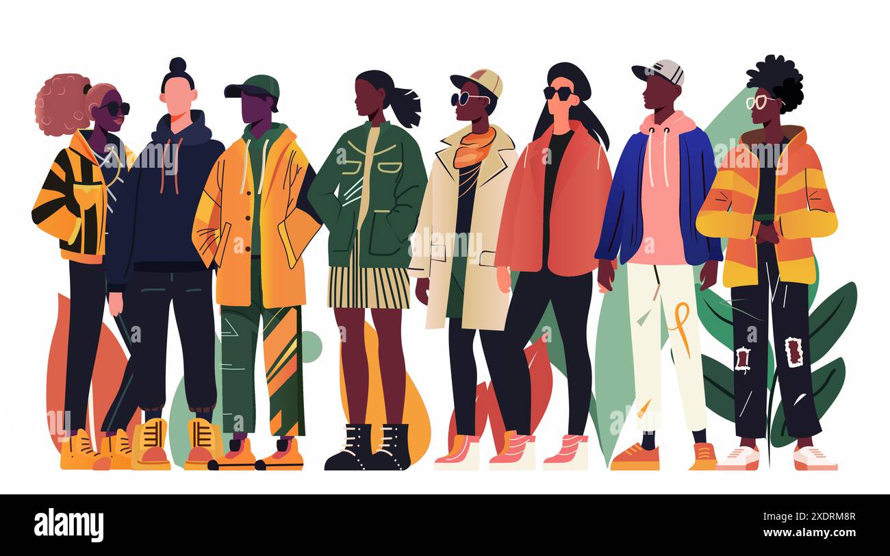 Gruppe von verschiedenen Menschen in trendiger Streetwear zusammen stehend Mode stilvolle Kleidung Freizeit Outfits moderne Jugendkultur Stock Vektor