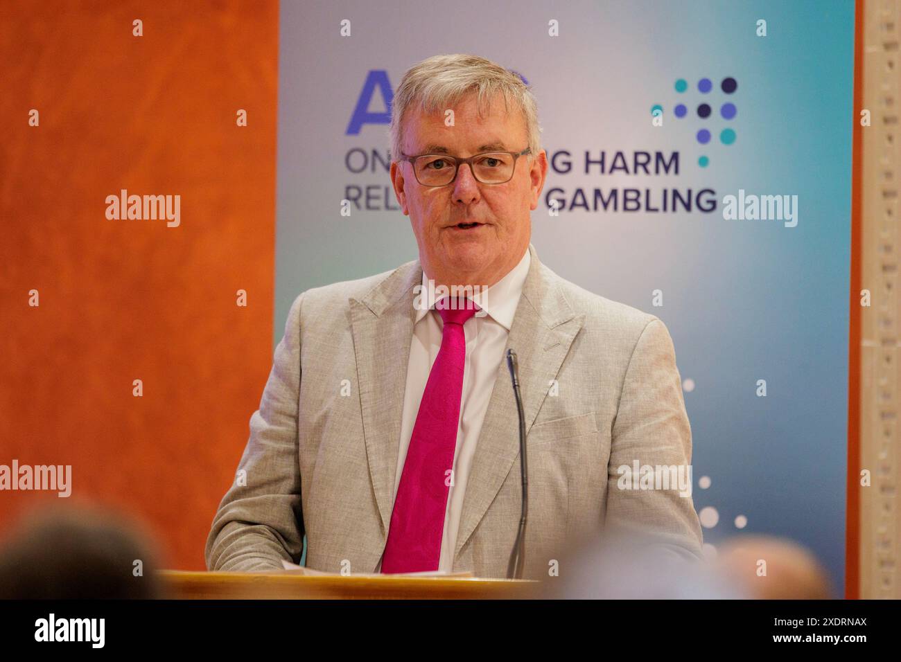 Gesundheitsminister Mike Nesbitt spricht während eines neuen Glücksspielberichts in Stormont von der All Party Group (APG) in Stormont. Sie erkennt Glücksspiele als ein Problem der öffentlichen Gesundheit an und fordert die NI-Exekutive, die Abteilungen und die britische Regierung auf, entschlossene Maßnahmen zu ergreifen, um das langfristige Wohlergehen von Einzelpersonen und Gemeinschaften zu gewährleisten, da jedes Jahr bis zu 200.000 Menschen indirekt von Glücksspielschäden in NI betroffen sein könnten. Stockfoto