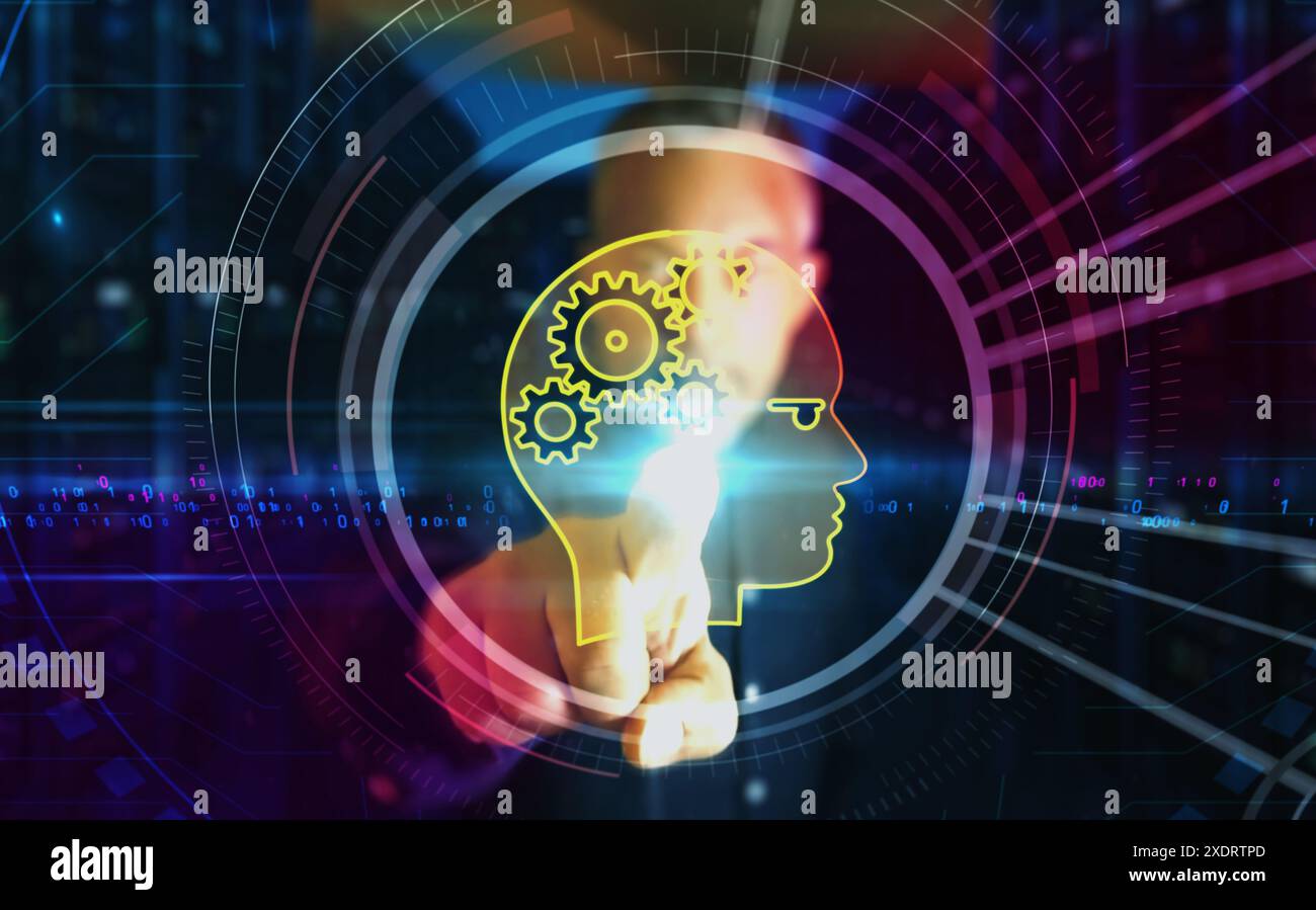 KI-Kopf künstliche Intelligenz Maschinelles Lernen Symbol digitales abstraktes 3D-Konzept. Finger-Touchscreen. Cybertechnologie und Netzwerkhintergrund. Mann Stockfoto