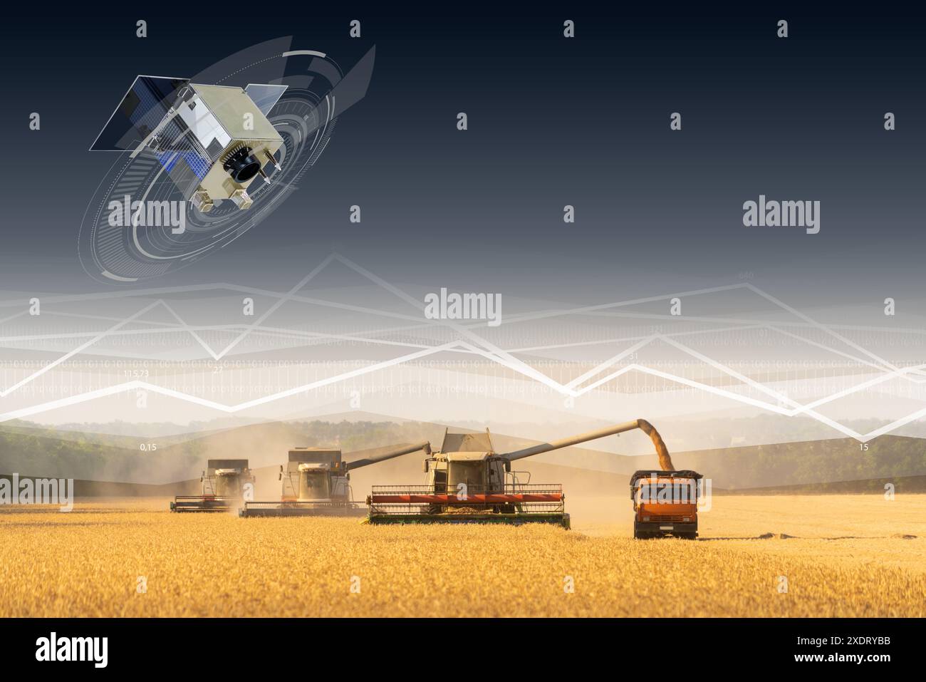 Steuerung der Mähdrescher über Satellitenkommunikation. Smart-Farming-Konzept. Stockfoto