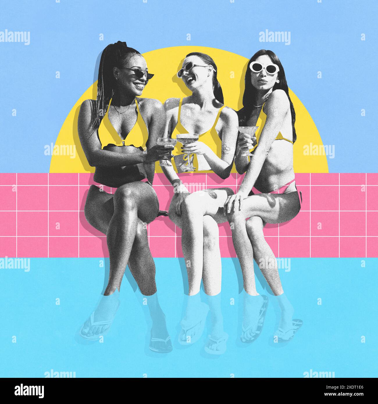 Zeitgenössische Kunstcollage. Frauen, deren Badeanzüge sich nahtlos in die pulsierende Landschaft am Pool einfügen, genießen gemeinsam Drinks. Poolparty. Stockfoto