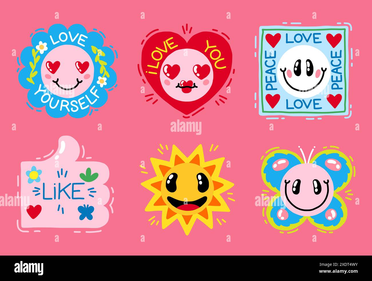 Niedlicher Patch. Love Smile Aufkleber. Y2K Emoticons. Grooviges Mädchenpaket. Vintage Happy und Girly cool Abzeichen. Lustige Pop Art. Doodle Emoji-Etiketten. 90er wie Hand. Positiver Ausdruck. Vektordesign-Symbole festgelegt Stock Vektor