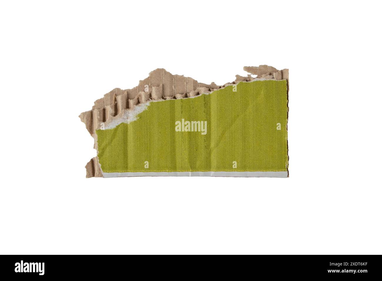 Schrott aus grünem recyceltem Karton, isoliert auf weiß. Design-Element aus Schleifpapier. Schäbiges Fragment des Versandbehälters. Gerissene Wellung c Stockfoto
