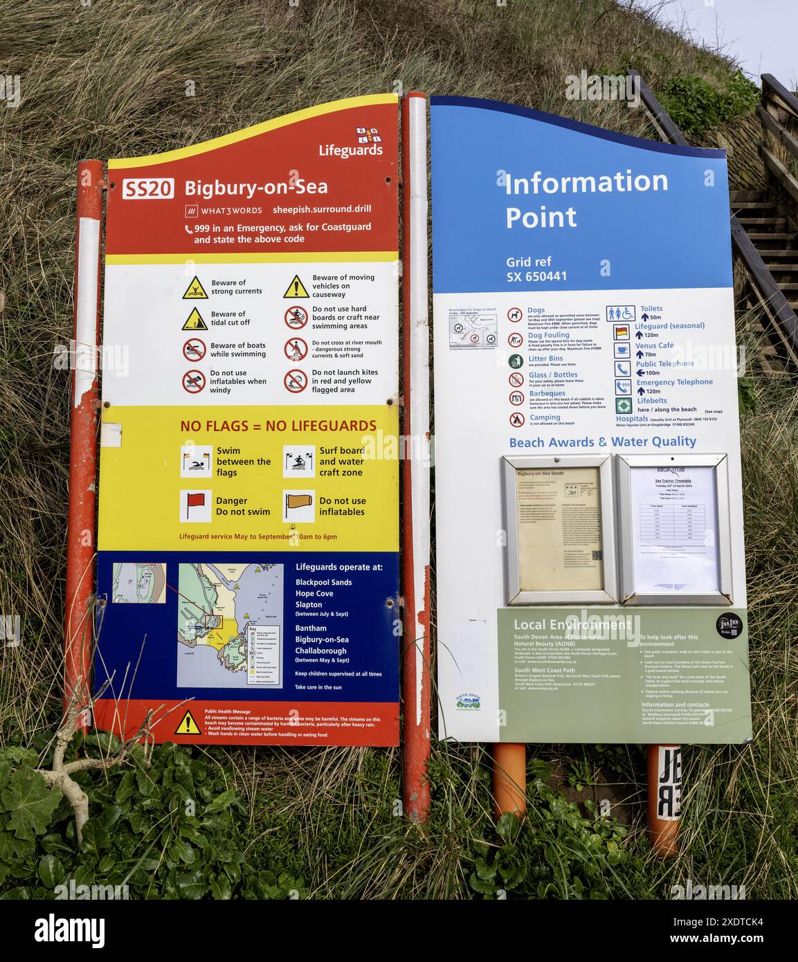 Öffentliche Informationstafel in Bigbury-on-Sea, South Hams, Devon, England, Vereinigtes Königreich Stockfoto