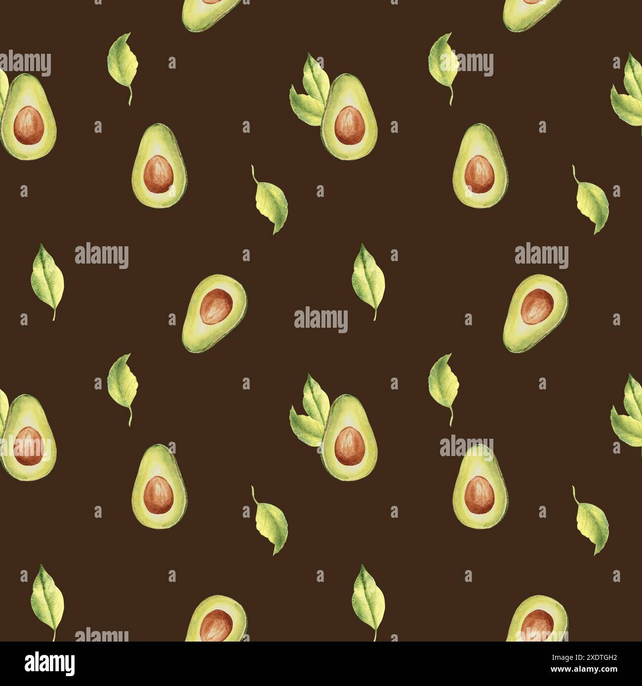 Nahtloses Muster reifer Avocadohälften und Blätter auf schwarzem Hintergrund. Kann für Textildrucke in der Küche und für Verpackungsdesign verwendet werden. Stockfoto
