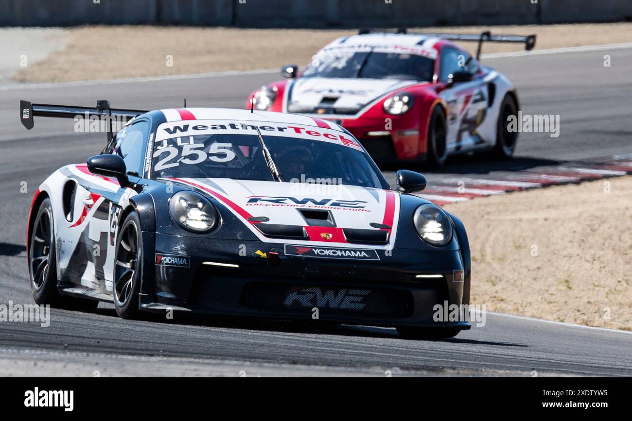 22. Juni 2024 Monterey, CA, USA, RWE-Fahrer James Li fuhr aus Kurve 5 während des Firestone Grand Prix des Monterey Porsche Challenge Race 2 auf dem WeatherTech Raceway Laguna Seca Monterey, CA Thurman James/CSM Stockfoto