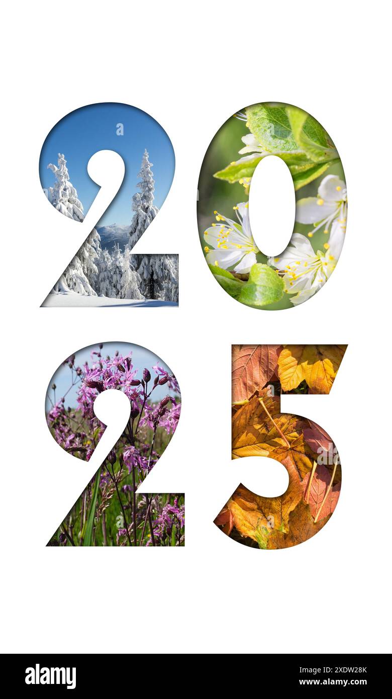 Nummer 2025 von Four Seasons Fotos für Kalender, Flyer, Poster, Postkarte, Banner. Vertikales Bild. Stockfoto